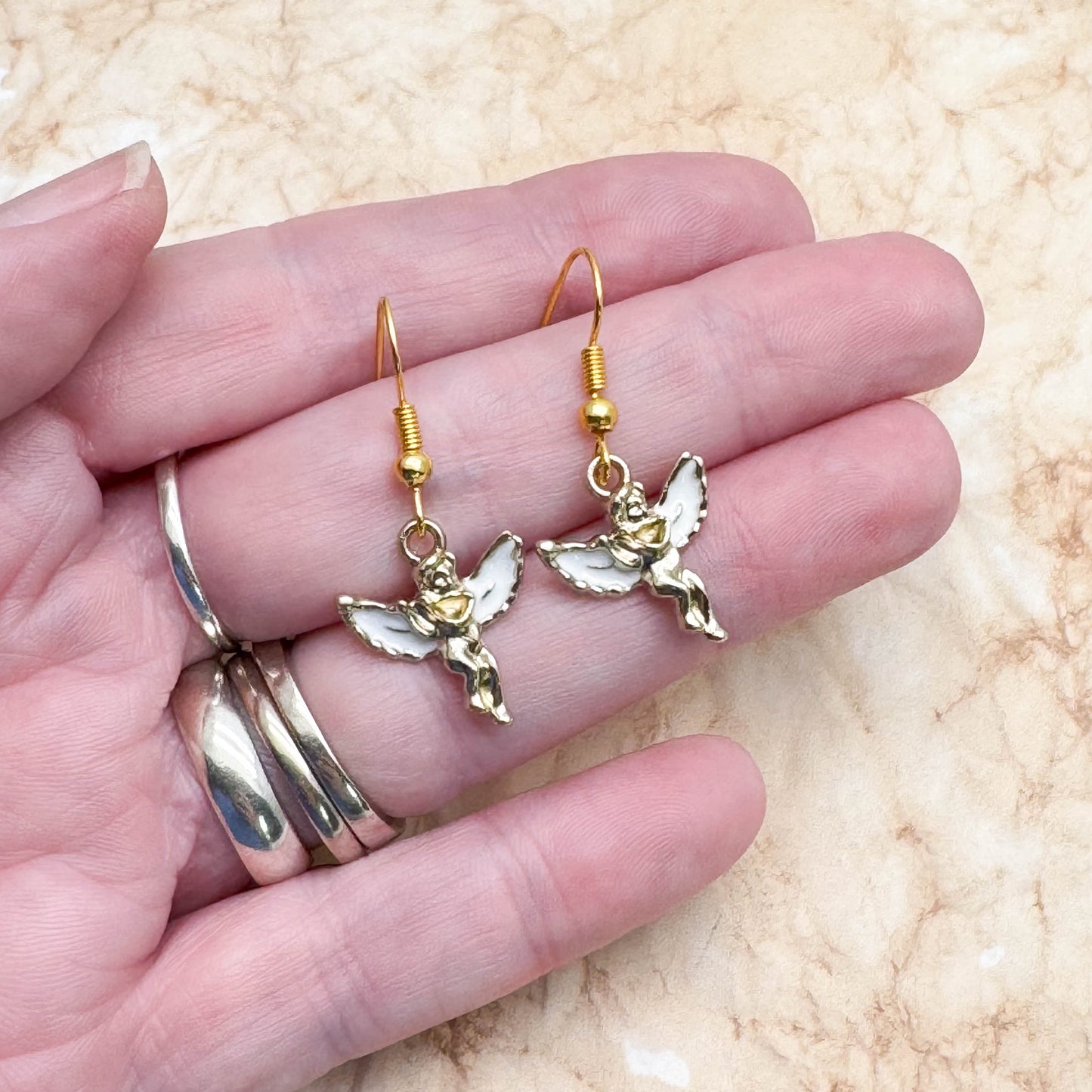 Little Angel Charm Earrings, White Enamel and Gold Cherubs : 36mm long