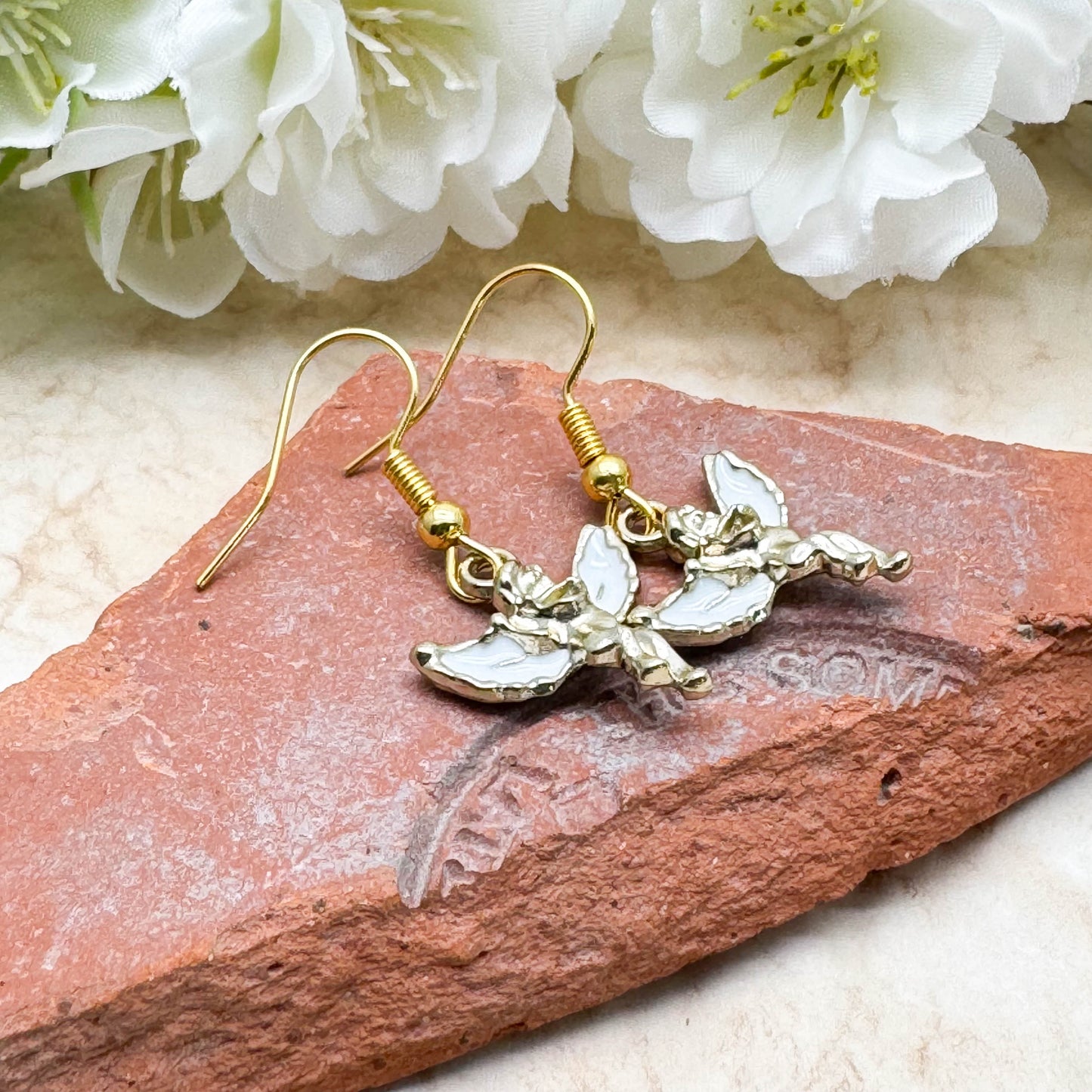 Little Angel Charm Earrings, White Enamel and Gold Cherubs : 36mm long