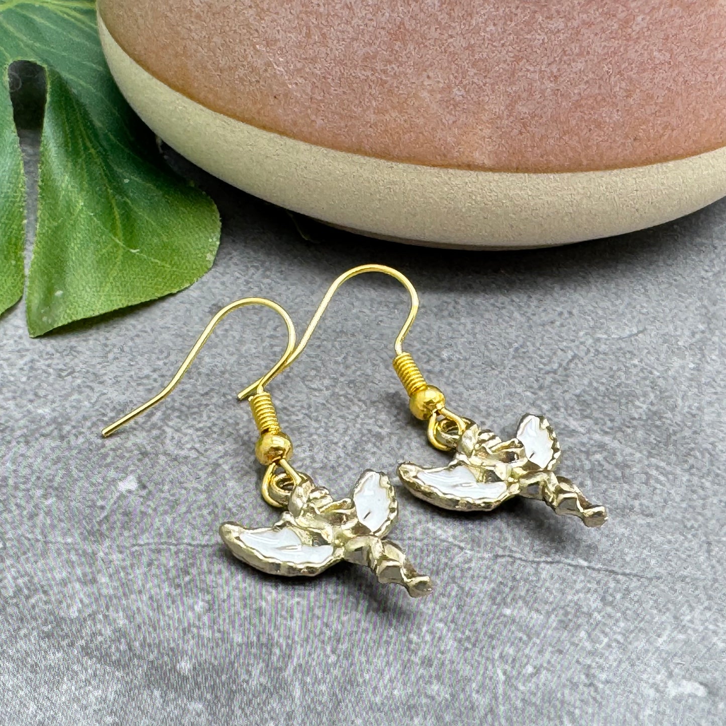 Little Angel Charm Earrings, White Enamel and Gold Cherubs : 36mm long