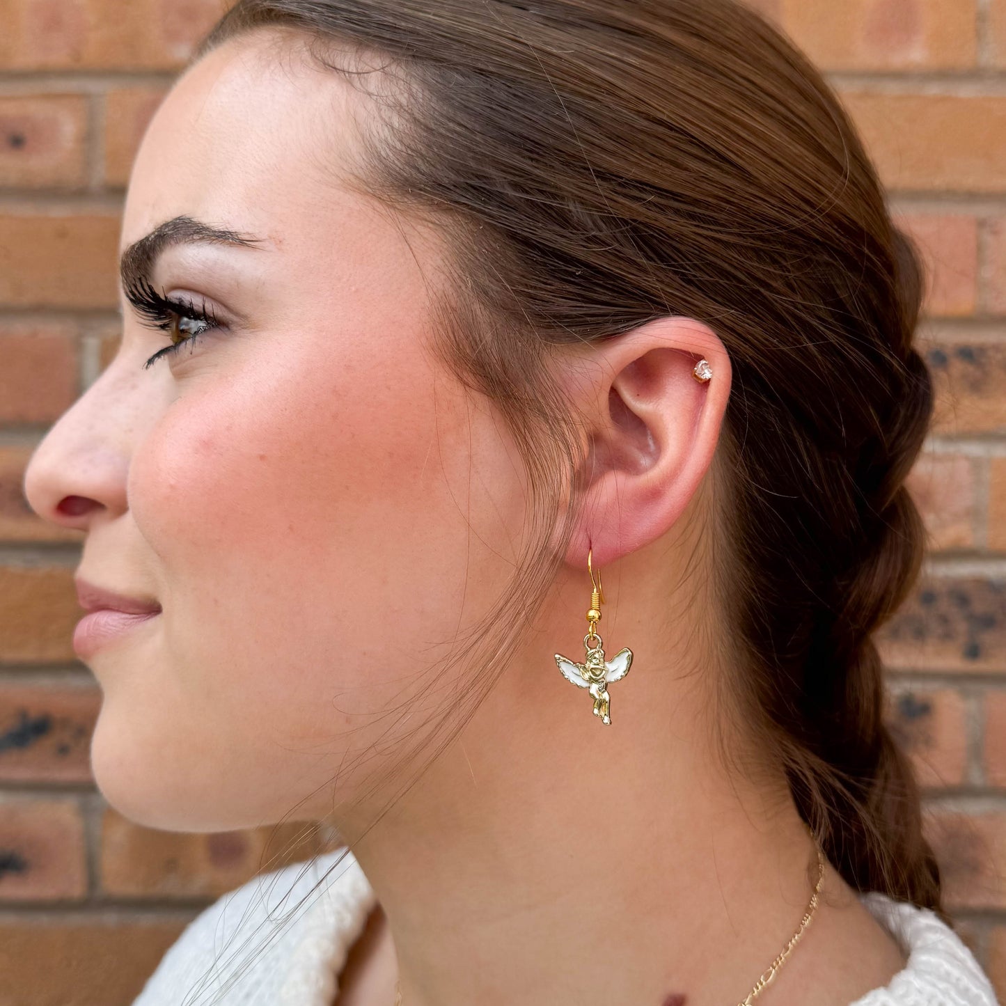 Little Angel Charm Earrings, White Enamel and Gold Cherubs : 36mm long