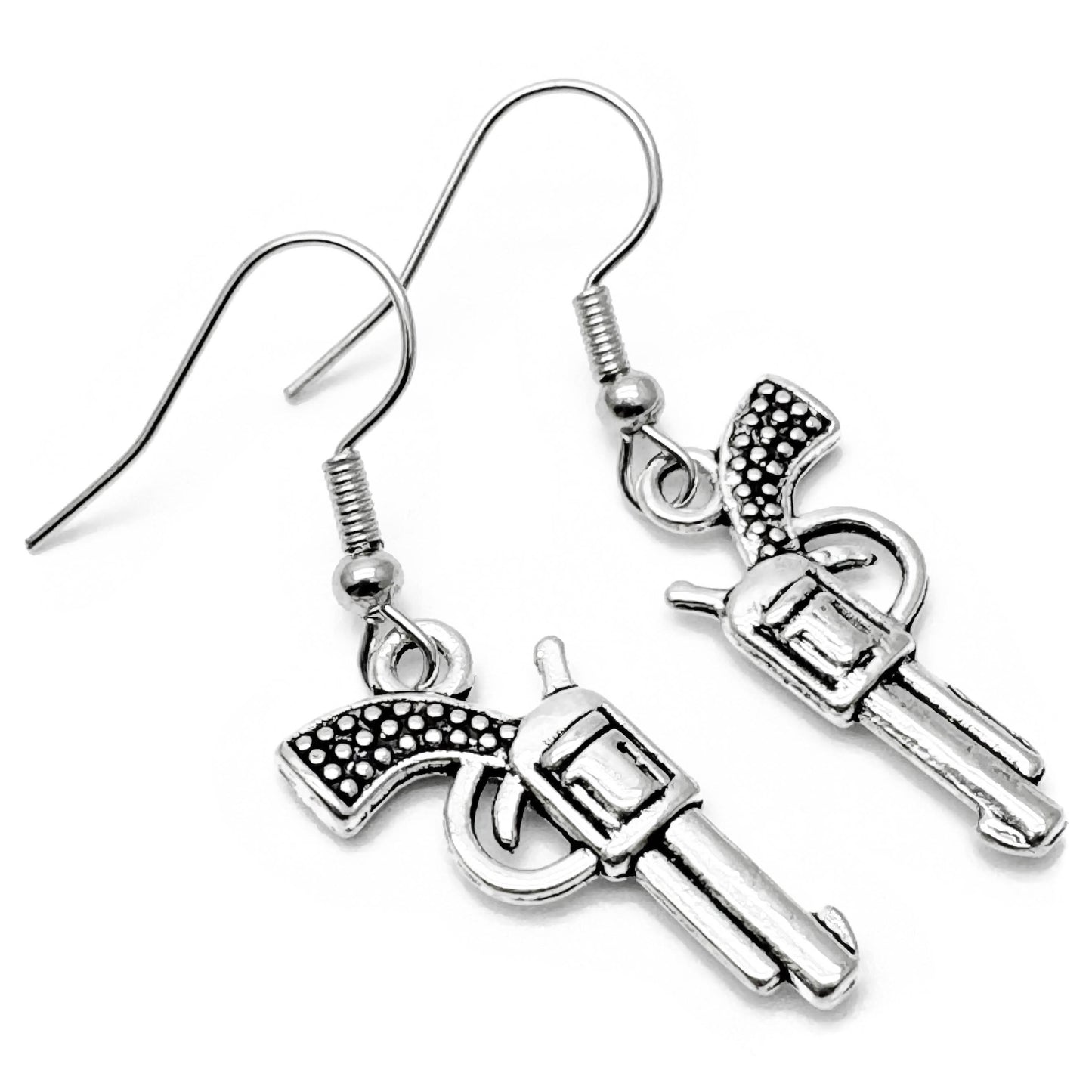 Pistol Charm Earrings, Gun Earrings, 3D Tibetan Silver Charms : 40mm long