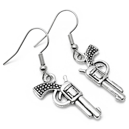 Pistol Charm Earrings, Gun Earrings, 3D Tibetan Silver Charms : 40mm long