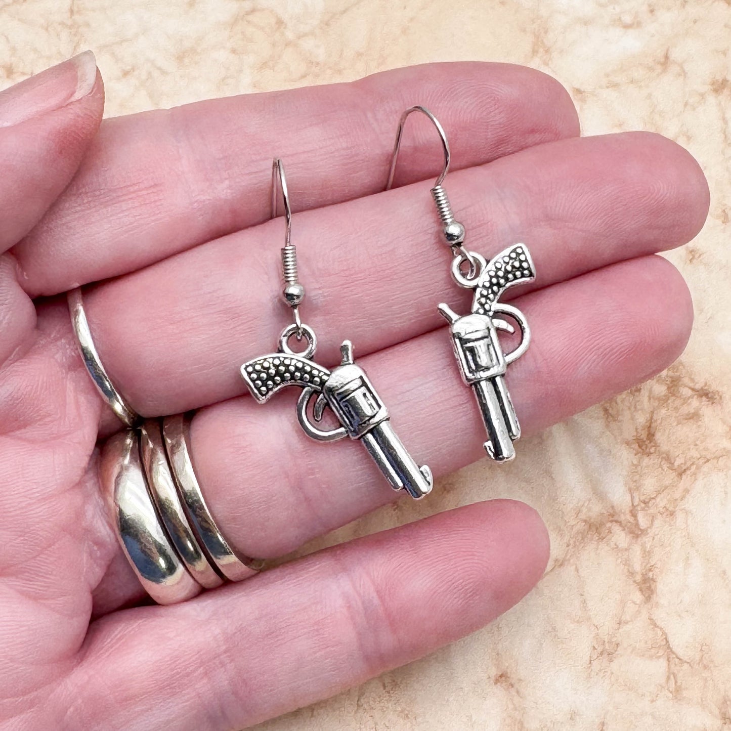 Pistol Charm Earrings, Gun Earrings, 3D Tibetan Silver Charms : 40mm long