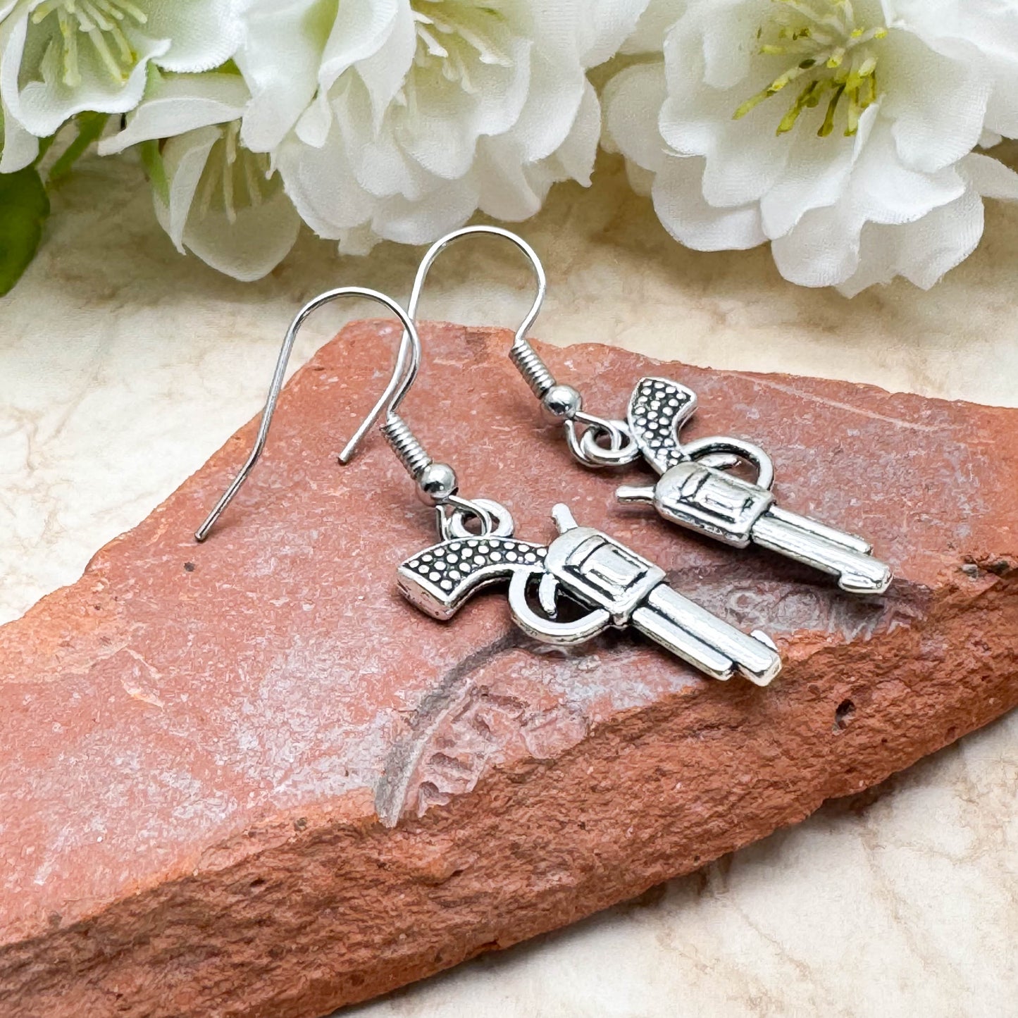 Pistol Charm Earrings, Gun Earrings, 3D Tibetan Silver Charms : 40mm long