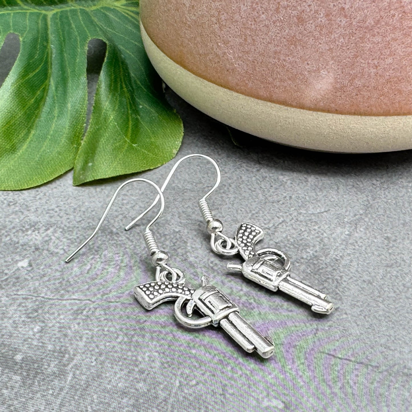 Pistol Charm Earrings, Gun Earrings, 3D Tibetan Silver Charms : 40mm long