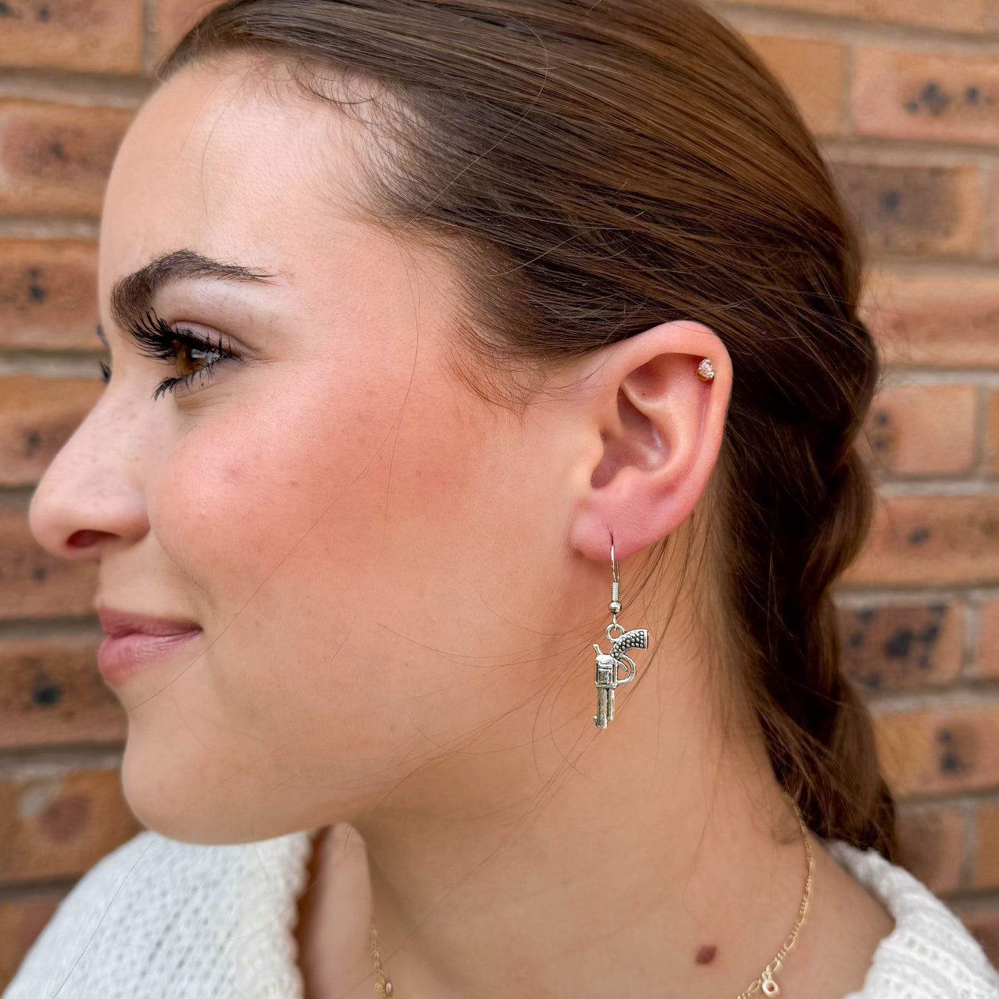 Pistol Charm Earrings, Gun Earrings, 3D Tibetan Silver Charms : 40mm long