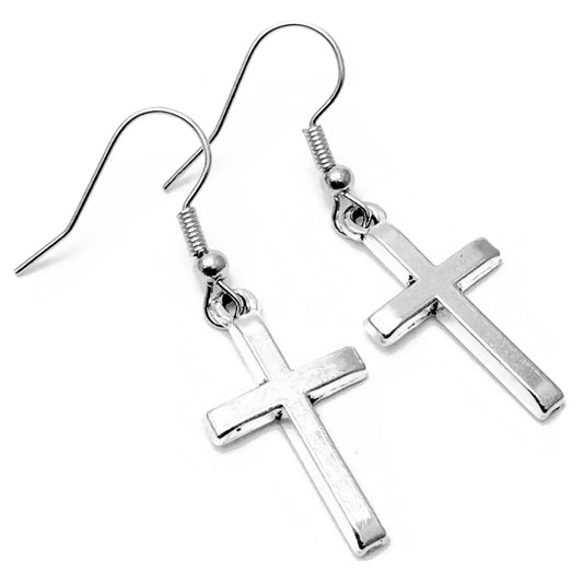 Silver Cross Charm Earrings, Nickel Free Hooks : 40mm long, Christian Faith