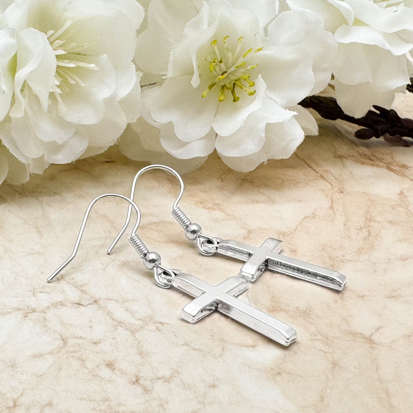 Silver Cross Charm Earrings, Nickel Free Hooks : 40mm long, Christian Faith