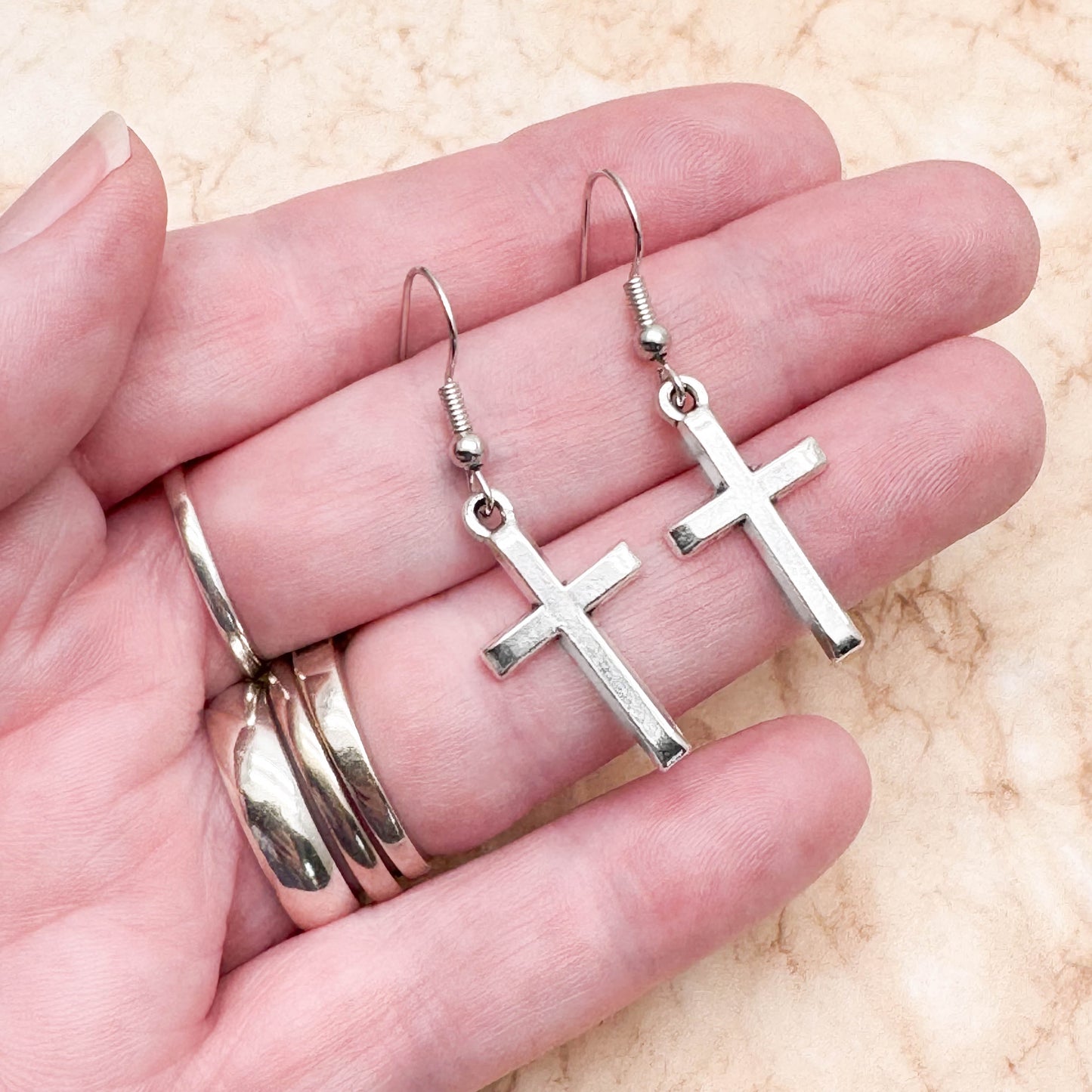 Silver Cross Charm Earrings, Nickel Free Hooks : 40mm long, Christian Faith
