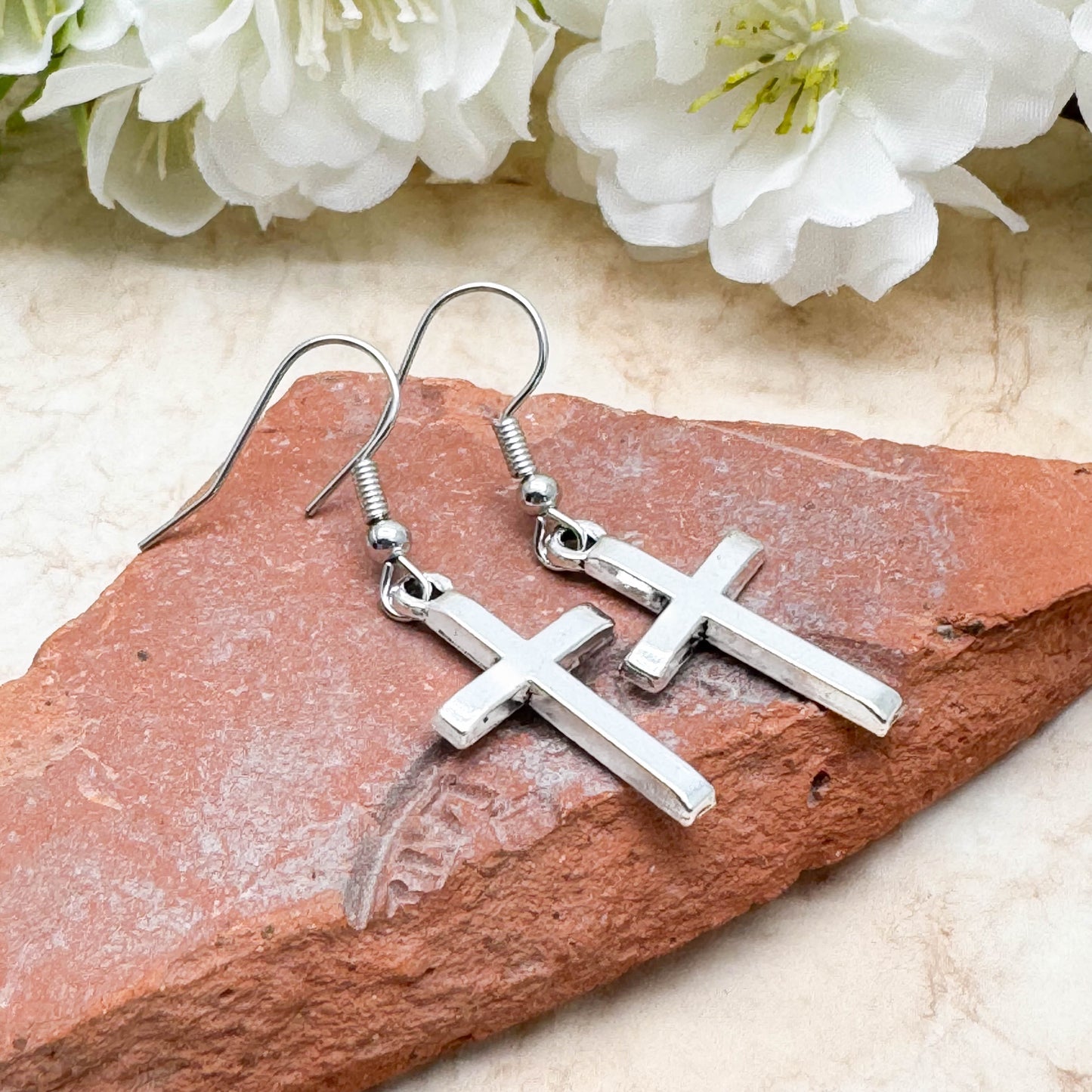Silver Cross Charm Earrings, Nickel Free Hooks : 40mm long, Christian Faith