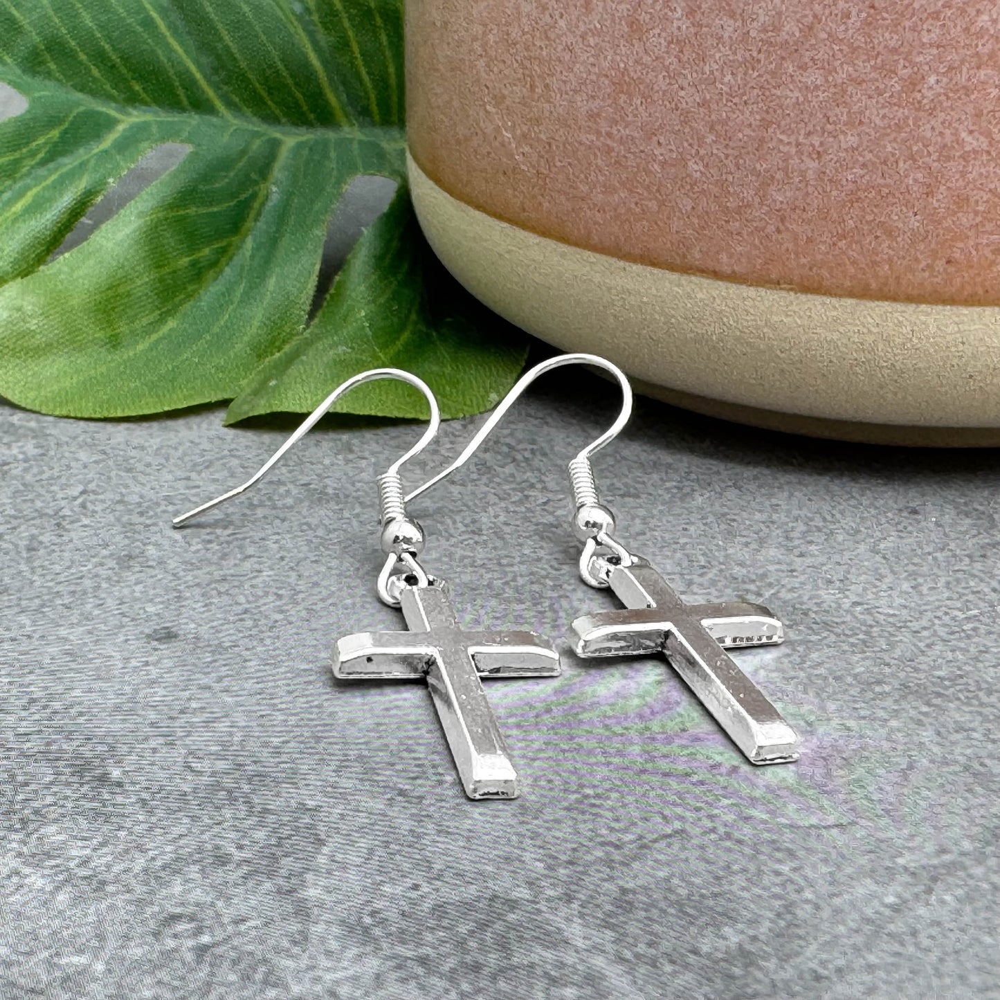 Silver Cross Charm Earrings, Nickel Free Hooks : 40mm long, Christian Faith