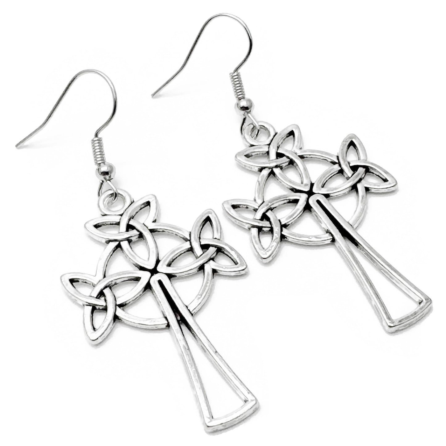 Celtic Cross Earrings, Large Tibetan Silver Irish Charms, Nickel Free Hooks : 56mm