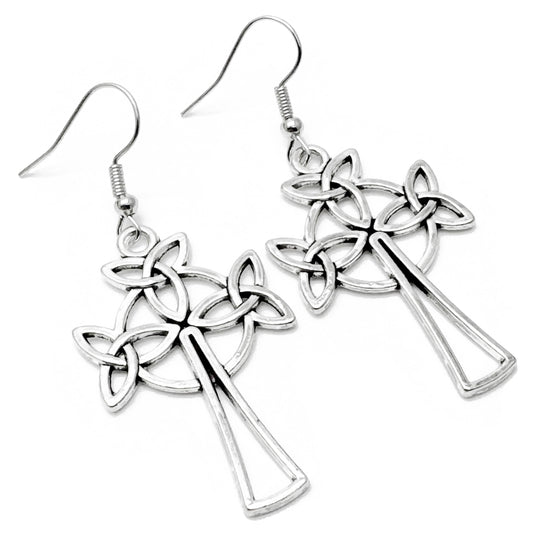 Celtic Cross Earrings, Large Tibetan Silver Irish Charms, Nickel Free Hooks : 56mm