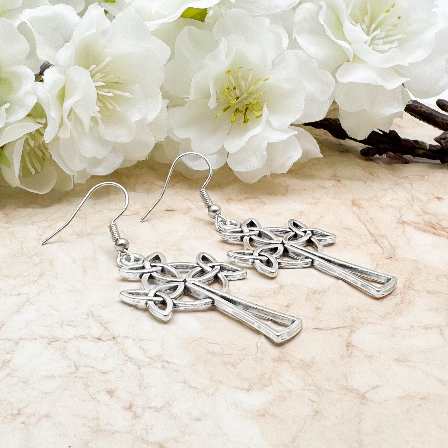 Celtic Cross Earrings, Large Tibetan Silver Irish Charms, Nickel Free Hooks : 56mm