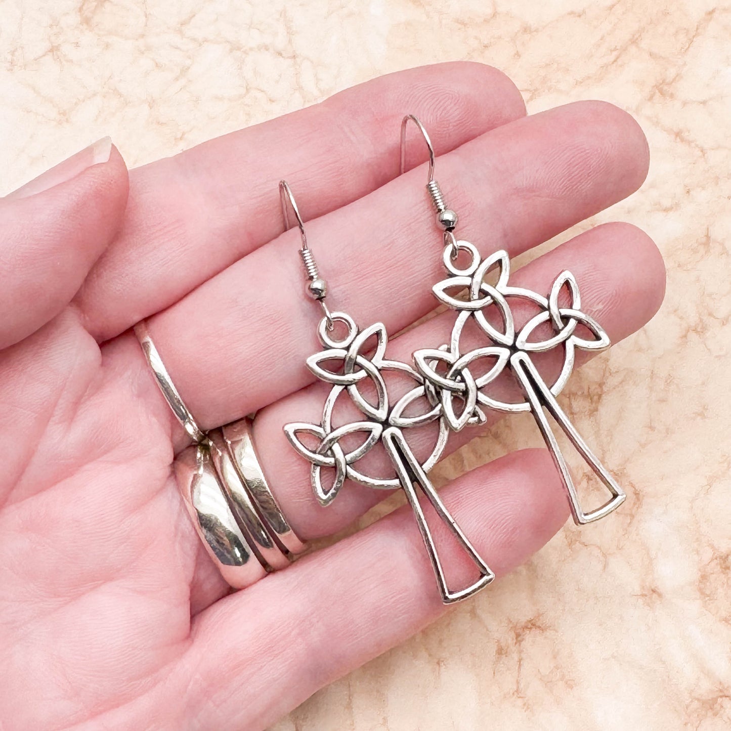 Celtic Cross Earrings, Large Tibetan Silver Irish Charms, Nickel Free Hooks : 56mm
