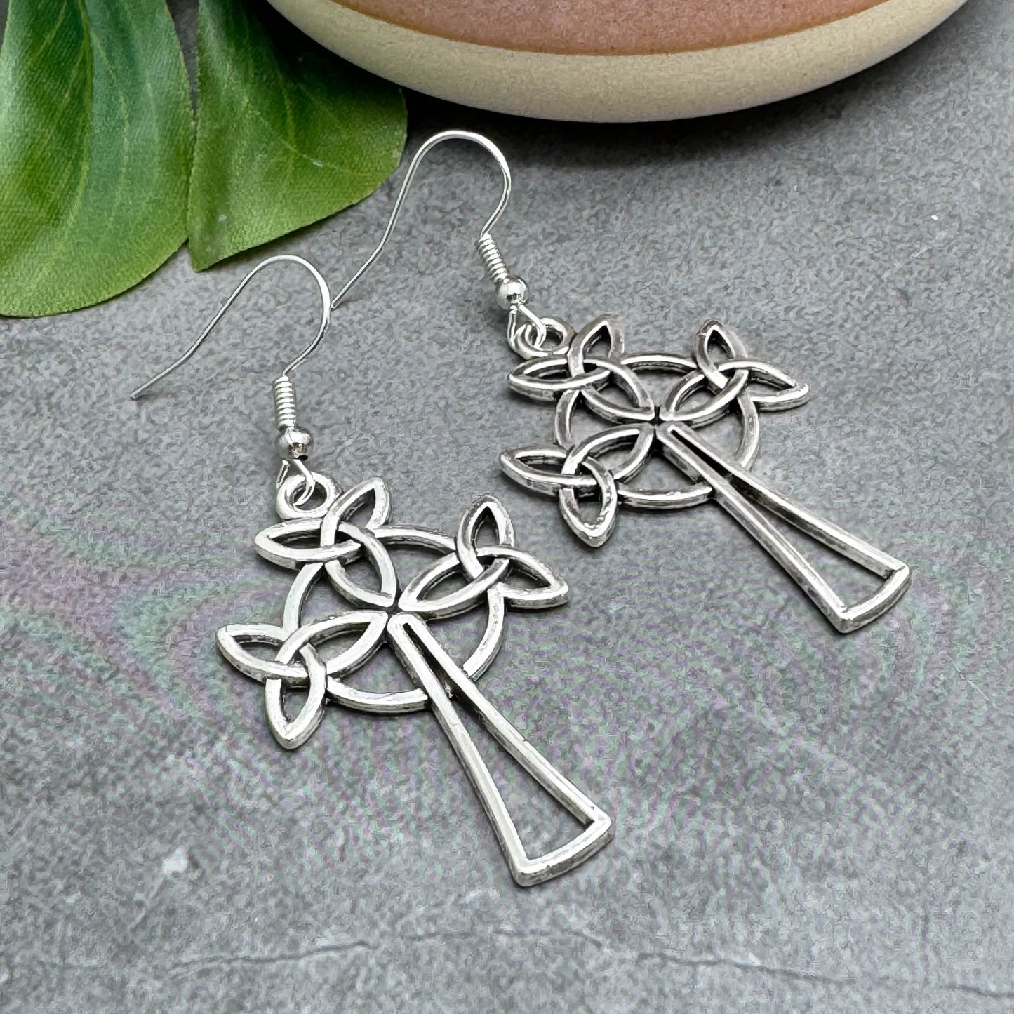 Celtic Cross Earrings, Large Tibetan Silver Irish Charms, Nickel Free Hooks : 56mm
