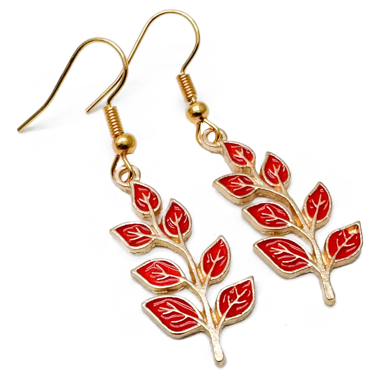 Red Leaf Charm Earrings, Bright Enamel Beads on Gold Tone Hooks : 47mm long