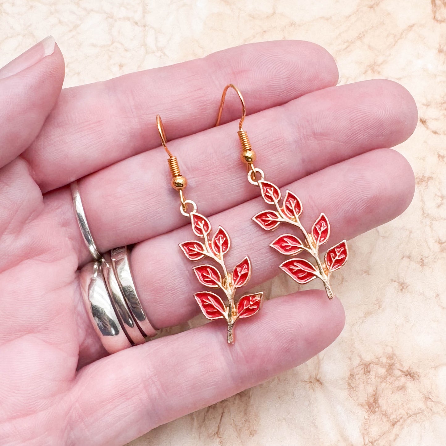 Red Leaf Charm Earrings, Bright Enamel Beads on Gold Tone Hooks : 47mm long