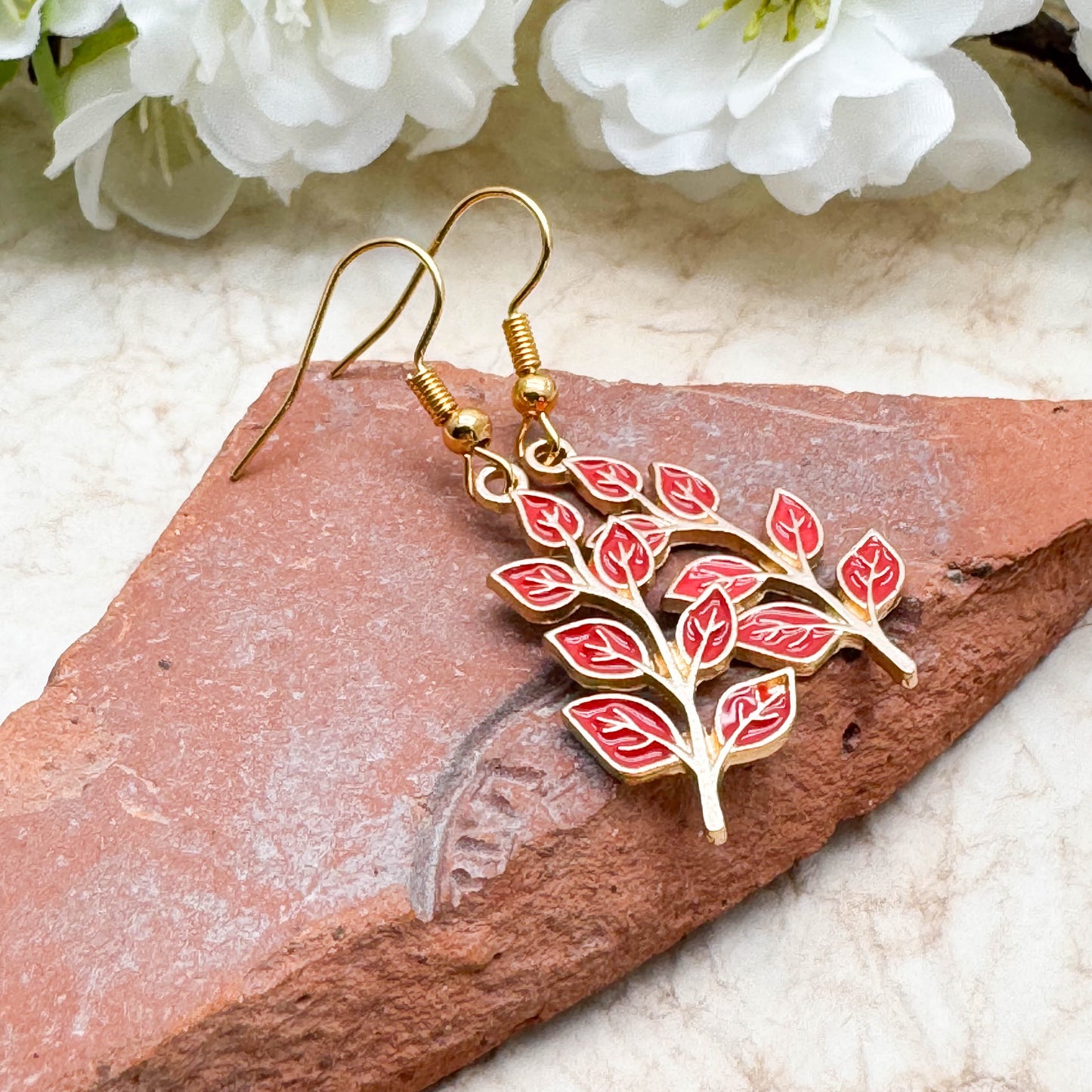 Red Leaf Charm Earrings, Bright Enamel Beads on Gold Tone Hooks : 47mm long