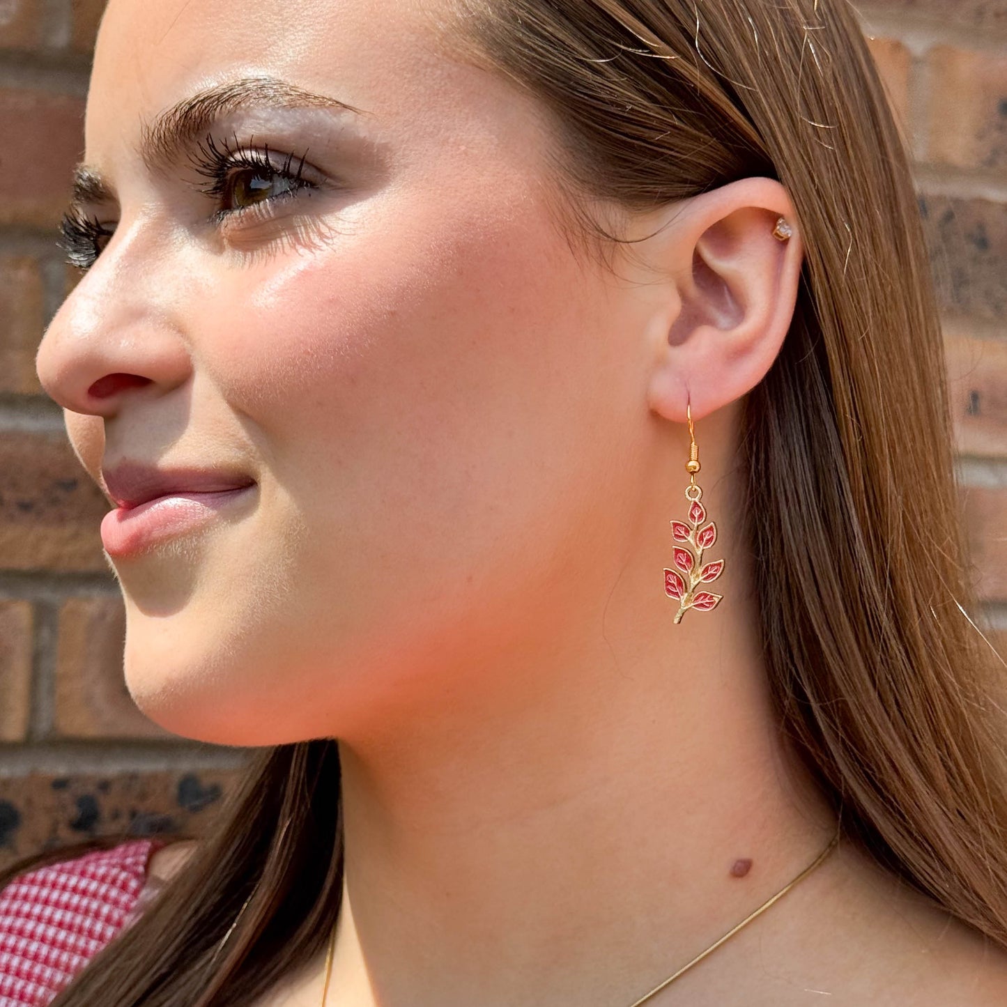 Red Leaf Charm Earrings, Bright Enamel Beads on Gold Tone Hooks : 47mm long
