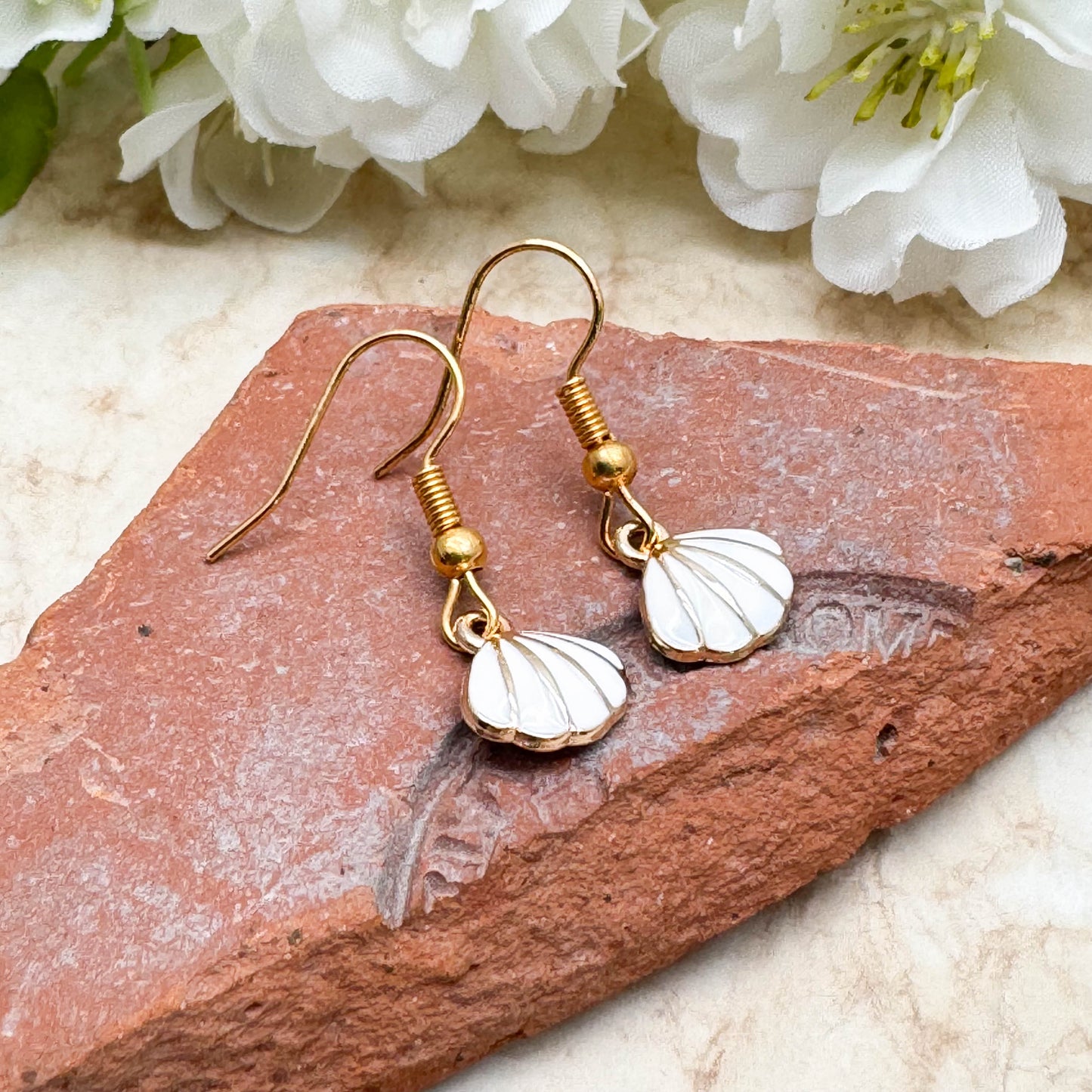 Shell Charm Earrings, White Enamel Beads on Gold Tone Hooks : 28mm