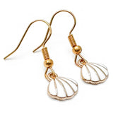 Shell Charm Earrings, White Enamel Beads on Gold Tone Hooks : 28mm