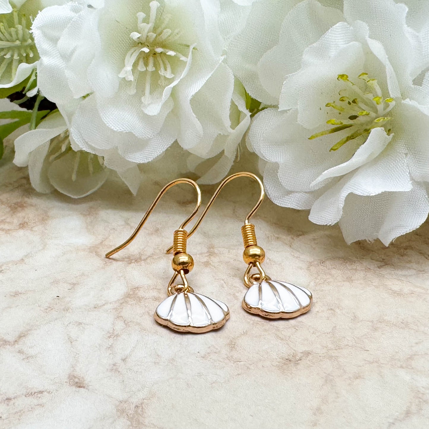 Shell Charm Earrings, White Enamel Beads on Gold Tone Hooks : 28mm