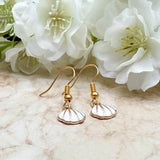 Shell Charm Earrings, White Enamel Beads on Gold Tone Hooks : 28mm