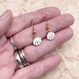 Shell Charm Earrings, White Enamel Beads on Gold Tone Hooks : 28mm