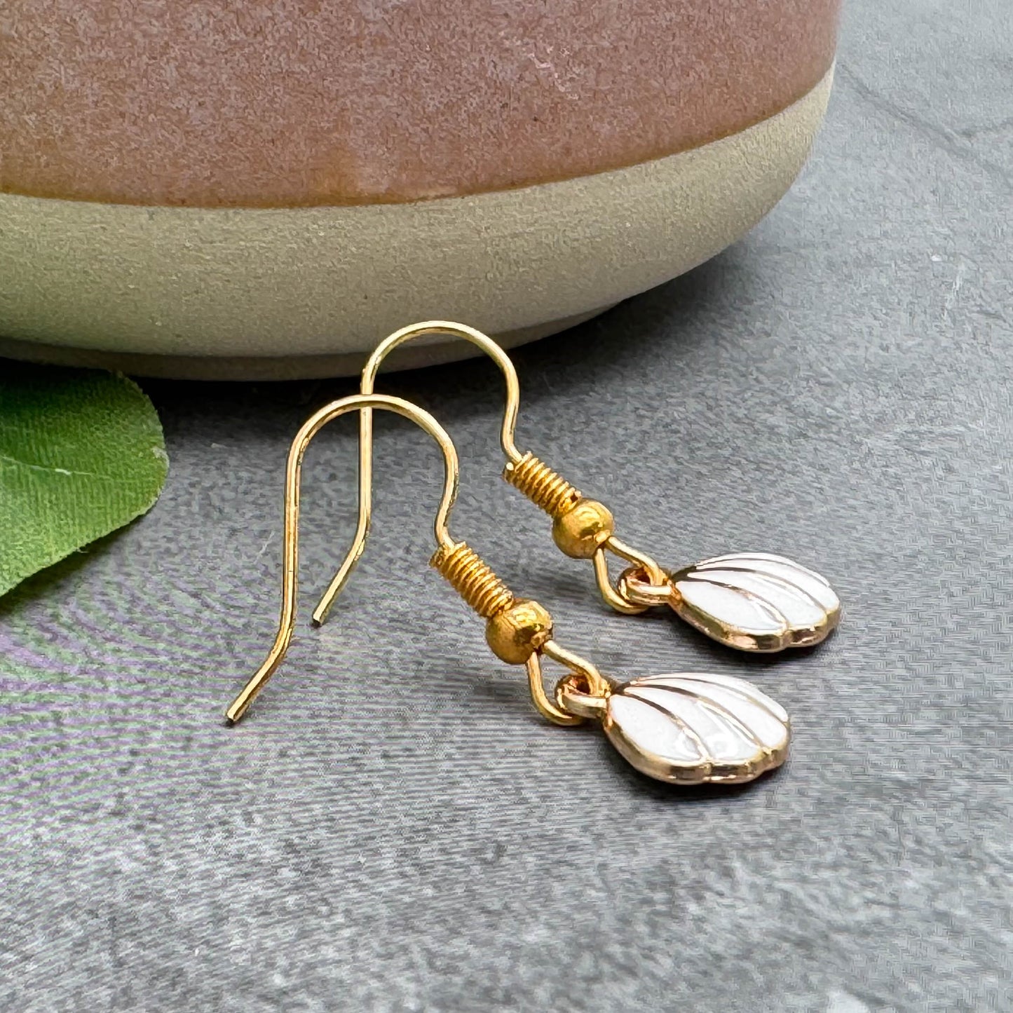 Shell Charm Earrings, White Enamel Beads on Gold Tone Hooks : 28mm