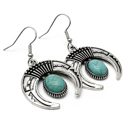 Half Moon Earrings, Silver Tone Charms with Turquoise Resin Stone