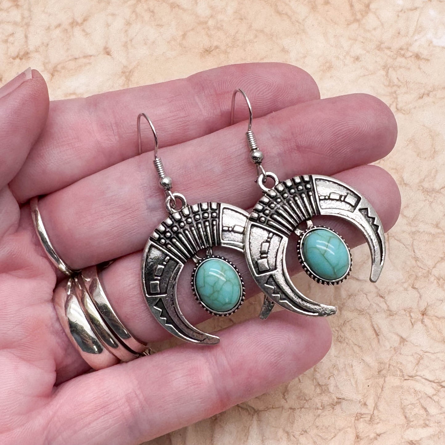 Half Moon Earrings, Silver Tone Charms with Turquoise Resin Stone