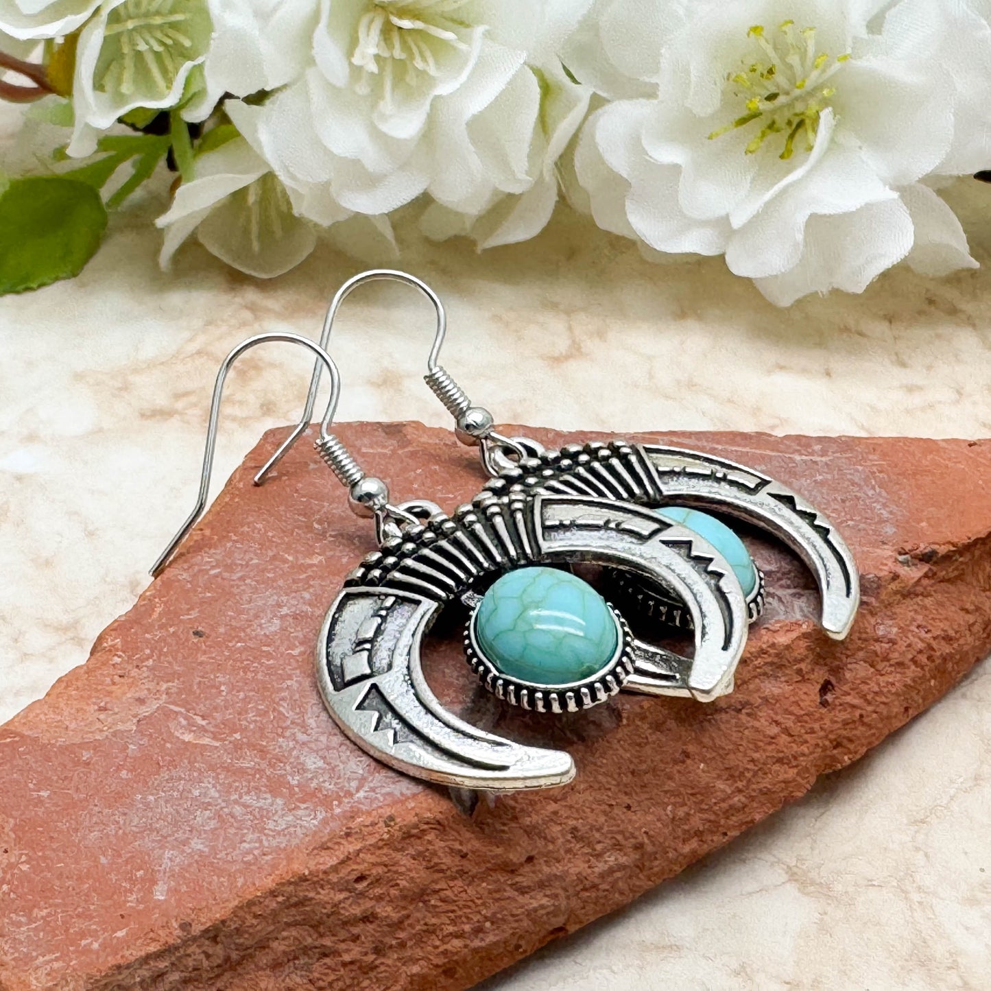 Half Moon Earrings, Silver Tone Charms with Turquoise Resin Stone