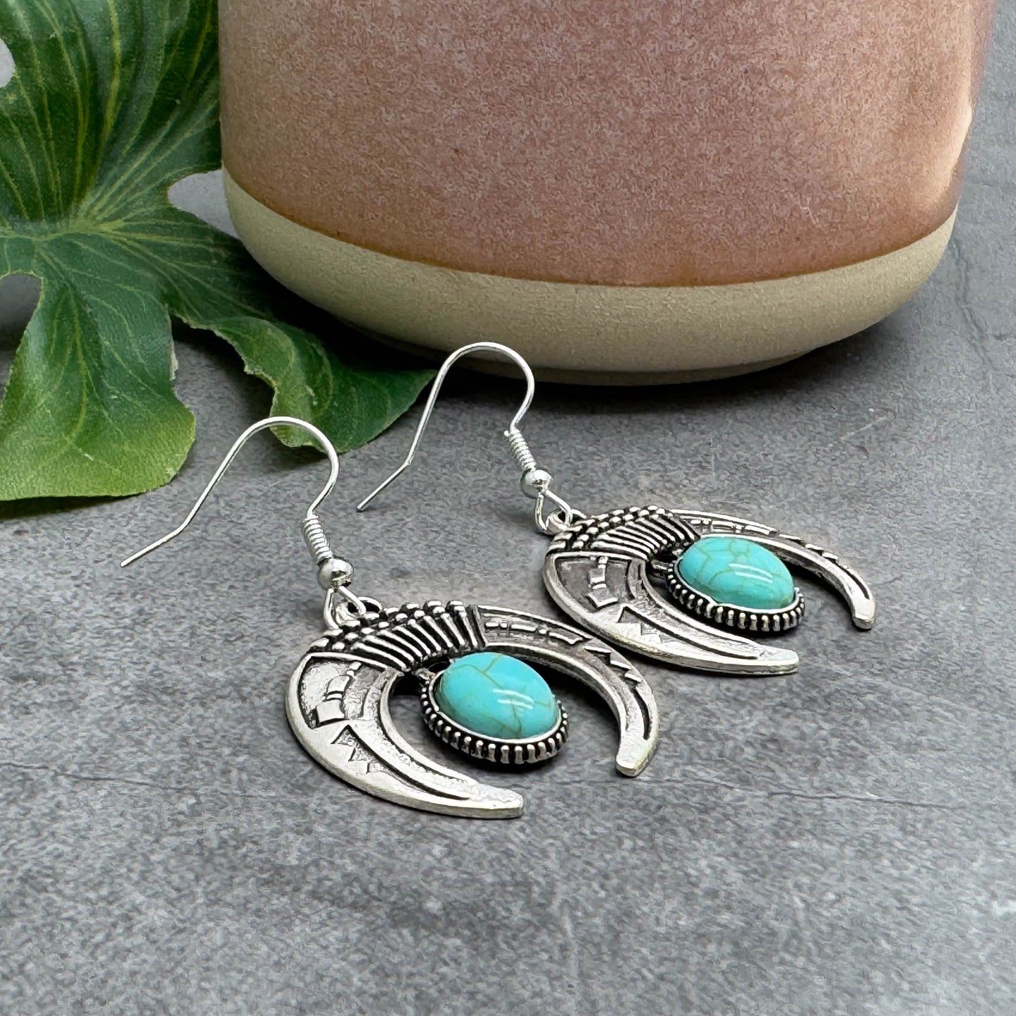 Half Moon Earrings, Silver Tone Charms with Turquoise Resin Stone