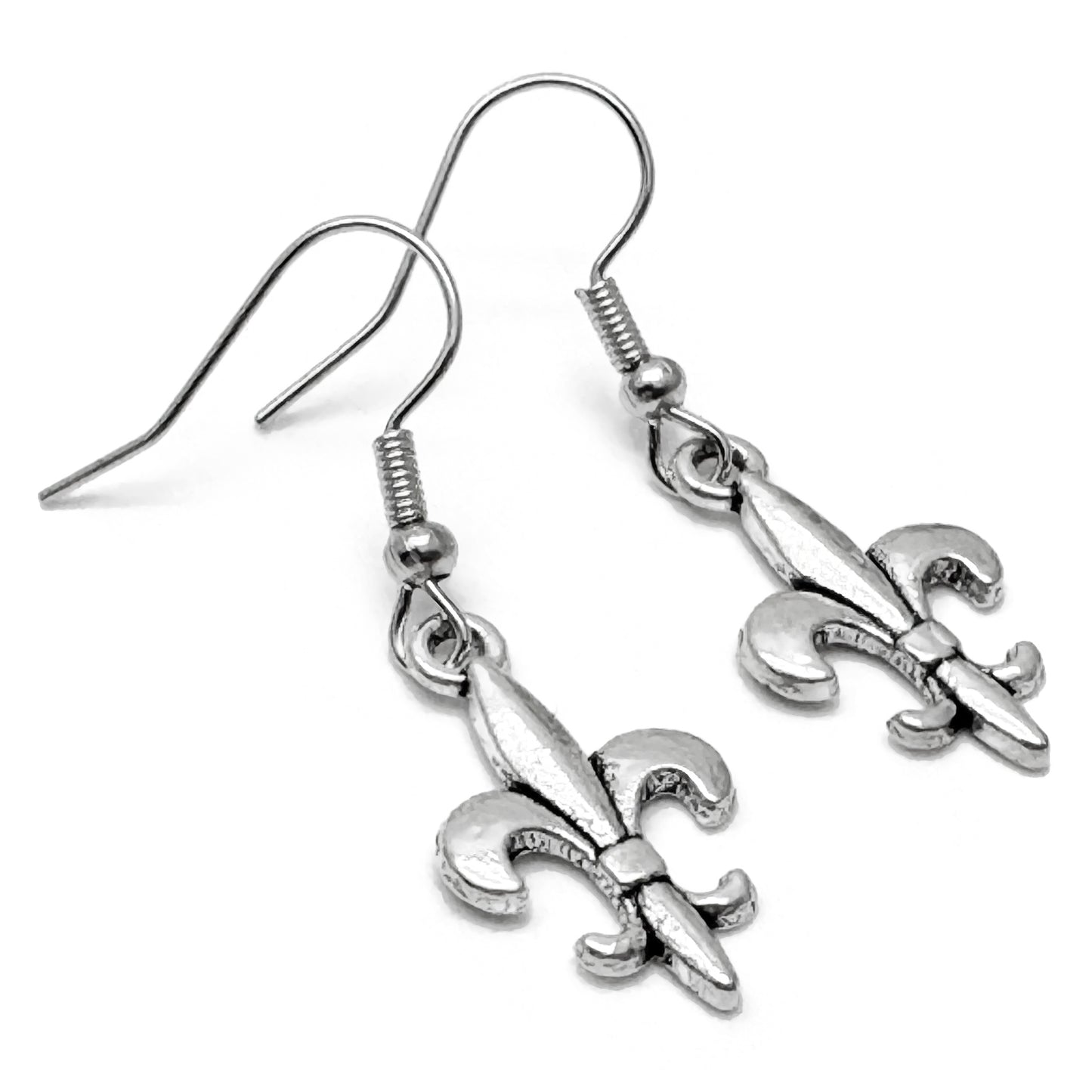Fleur de Lis Earrings, Silver Tone French Lily : 38mm Long