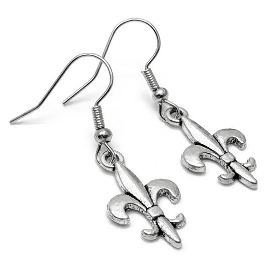 Fleur de Lis Earrings, Silver Tone French Lily : 38mm Long