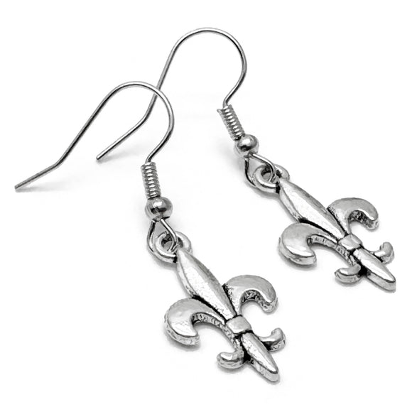 Fleur de Lis Earrings, Silver Tone French Lily : 38mm Long