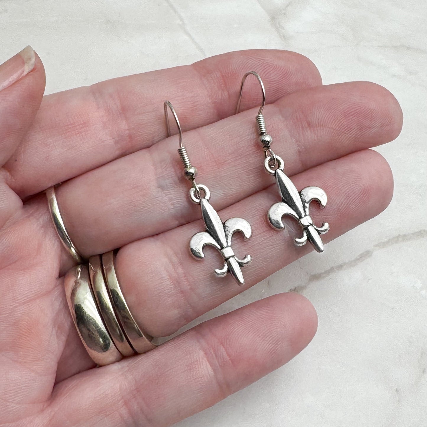 Fleur de Lis Earrings, Silver Tone French Lily : 38mm Long