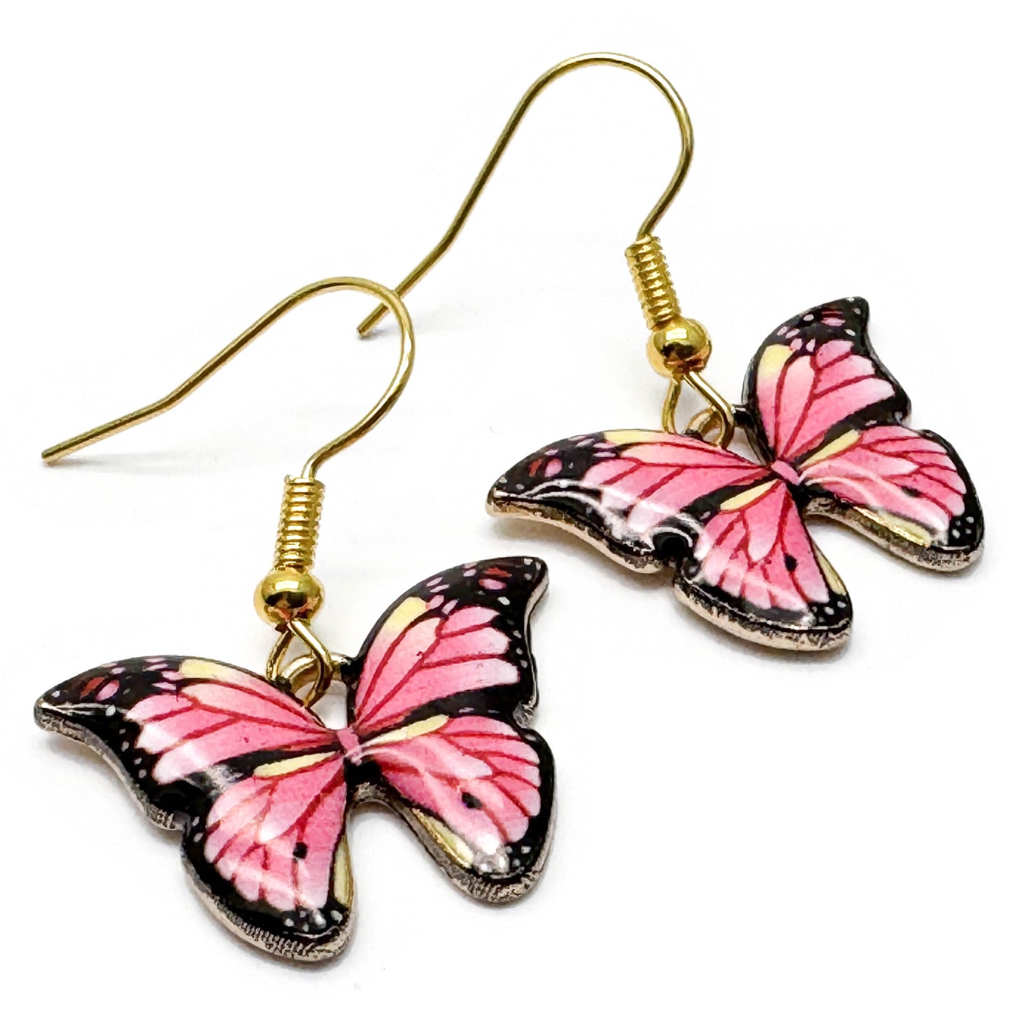 Pink Butterfly Charm Earrings, Enamel Charms : 31mm long