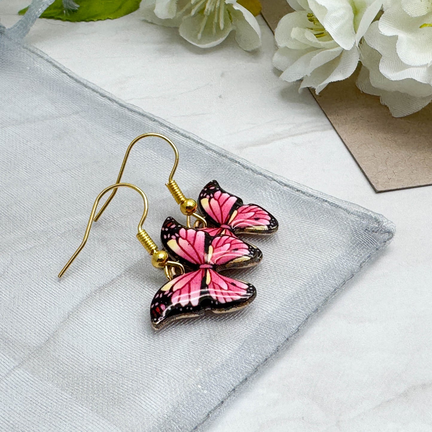 Pink Butterfly Charm Earrings, Enamel Charms : 31mm long