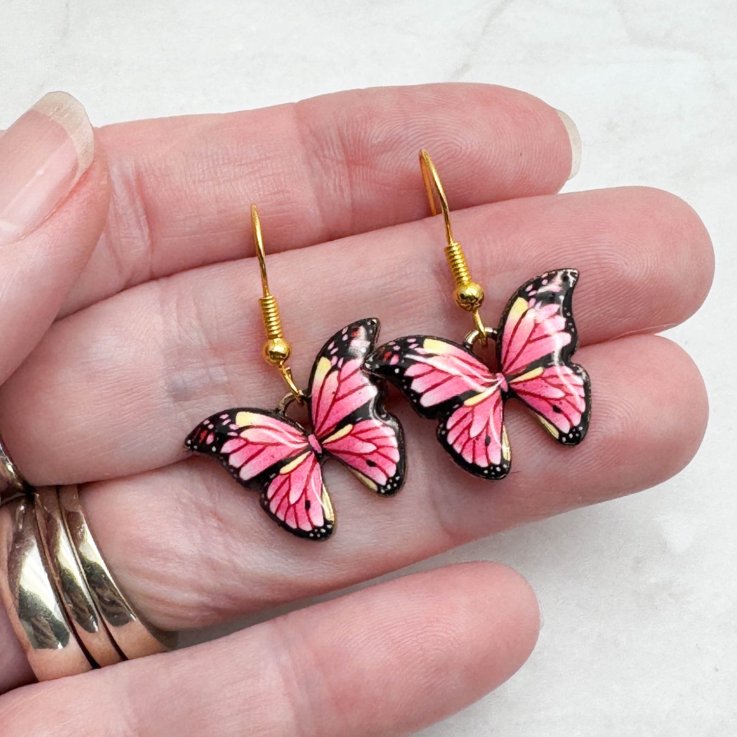 Pink Butterfly Charm Earrings, Enamel Charms : 31mm long