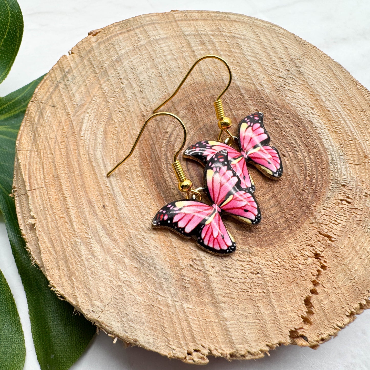 Pink Butterfly Charm Earrings, Enamel Charms : 31mm long
