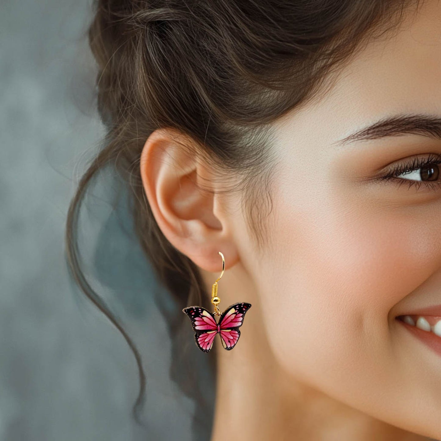 Pink Butterfly Charm Earrings, Enamel Charms : 31mm long