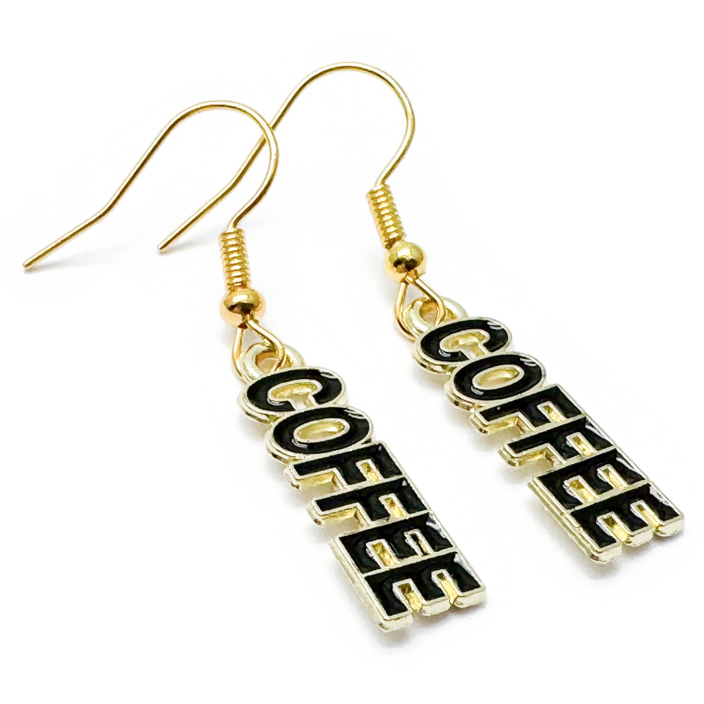 COFFEE Charm Earrings, Black Enamel Charms : 39mm long