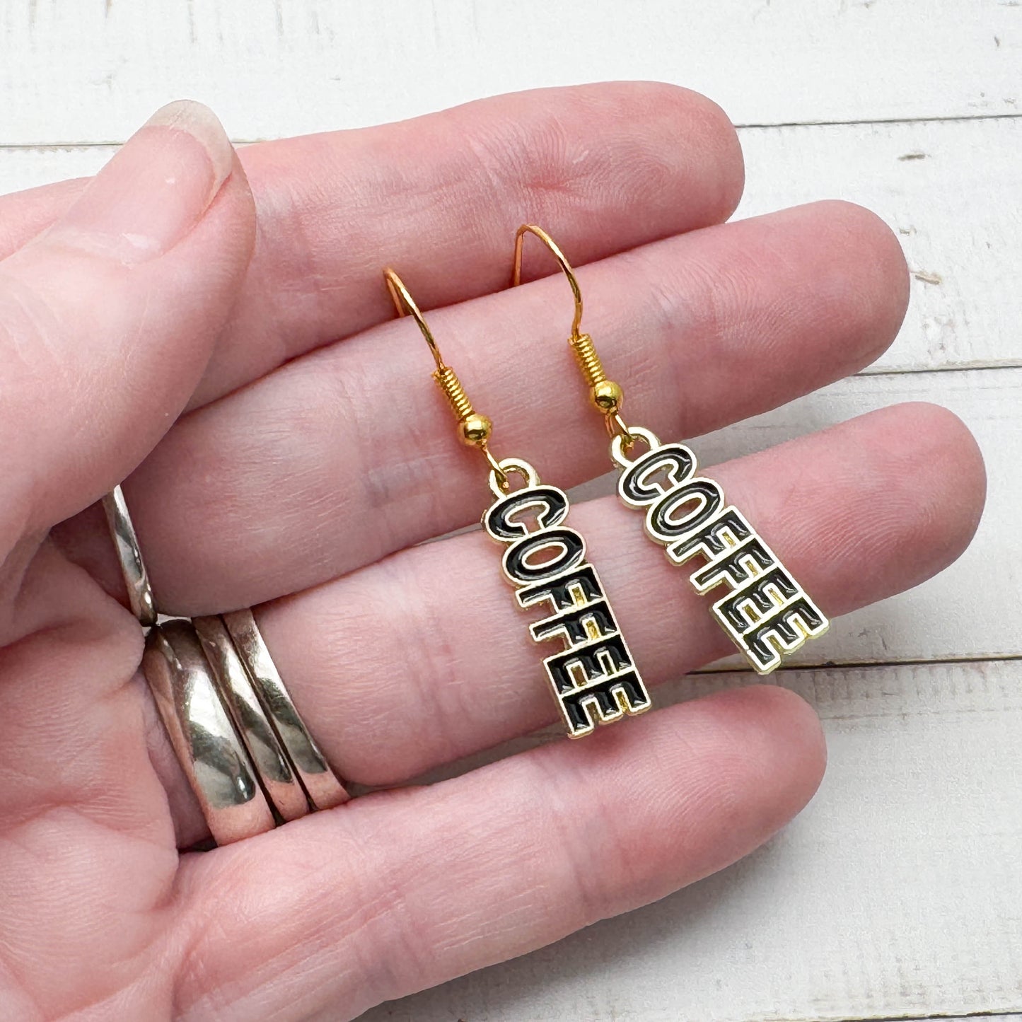 COFFEE Charm Earrings, Black Enamel Charms : 39mm long