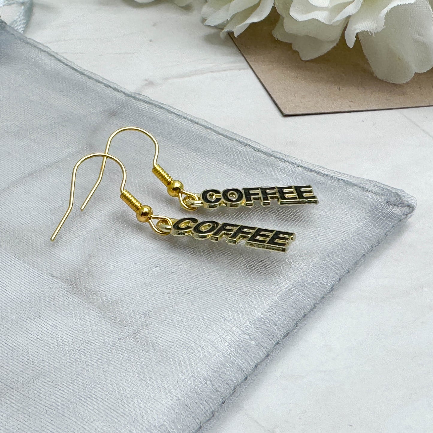 COFFEE Charm Earrings, Black Enamel Charms : 39mm long
