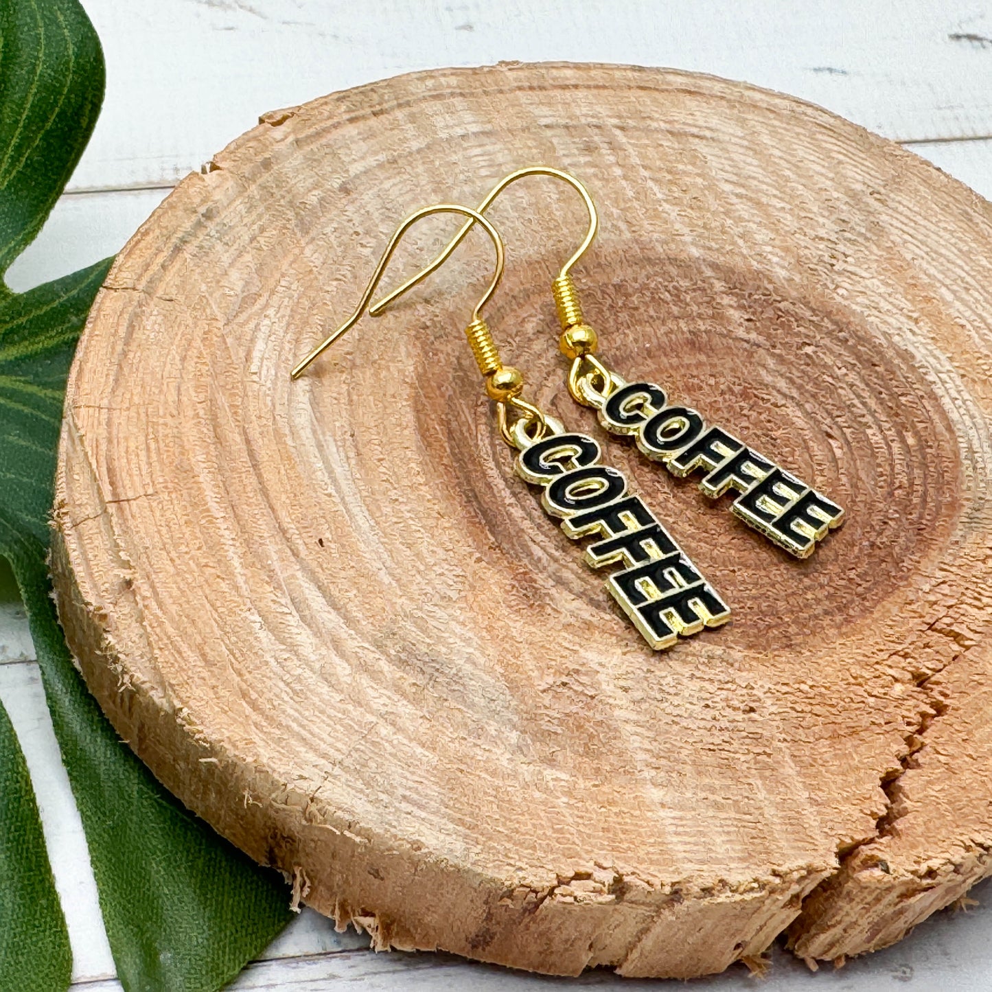 COFFEE Charm Earrings, Black Enamel Charms : 39mm long
