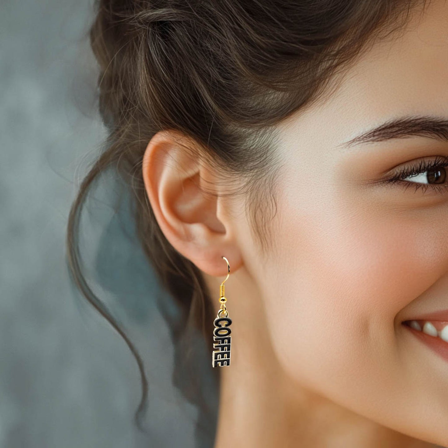 COFFEE Charm Earrings, Black Enamel Charms : 39mm long