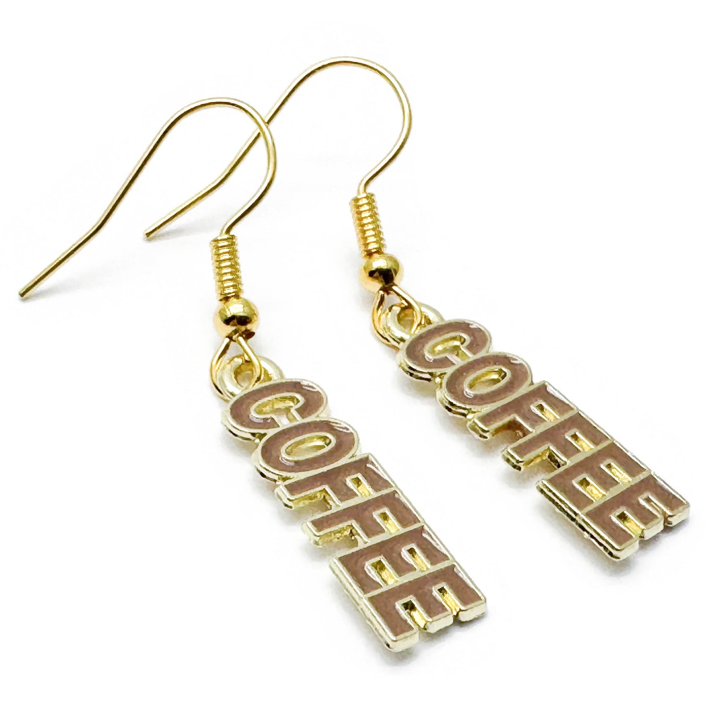 COFFEE Charm Earrings, Brown Enamel Charms : 39mm long