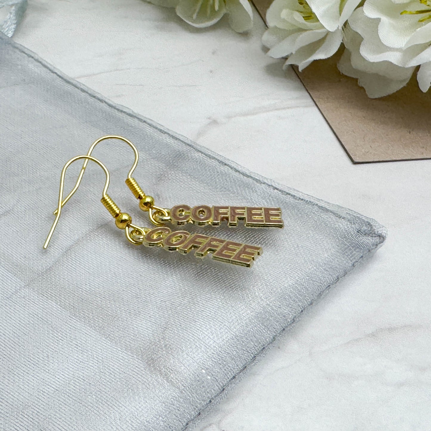 COFFEE Charm Earrings, Brown Enamel Charms : 39mm long